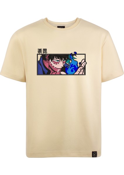 Relaxed Fit Basic Bej Nakışlı Tişört Dabi Anime Işlemeli Sıfır Yaka Tişört