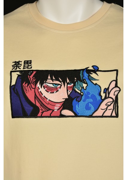 Relaxed Fit Basic Bej Nakışlı Tişört Dabi Anime Işlemeli Sıfır Yaka Tişört