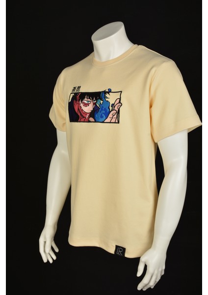 Relaxed Fit Basic Bej Nakışlı Tişört Dabi Anime Işlemeli Sıfır Yaka Tişört