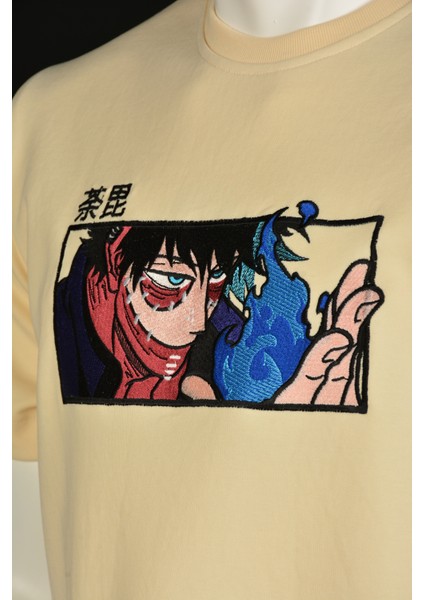 Relaxed Fit Basic Bej Nakışlı Tişört Dabi Anime Işlemeli Sıfır Yaka Tişört