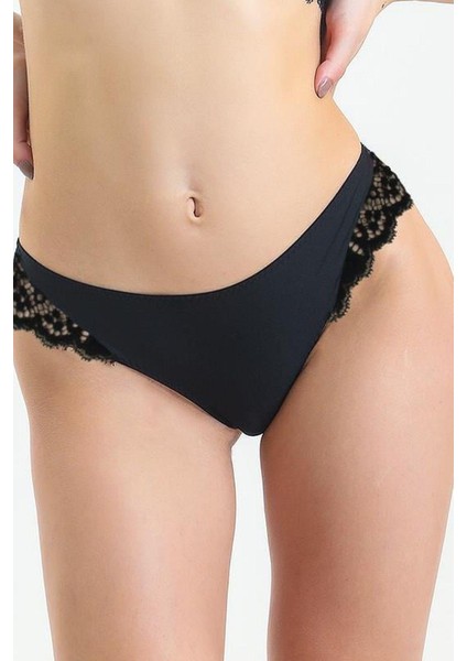 793 Kadın Önü Kumaş Arkası Dantel Külot-Siyah