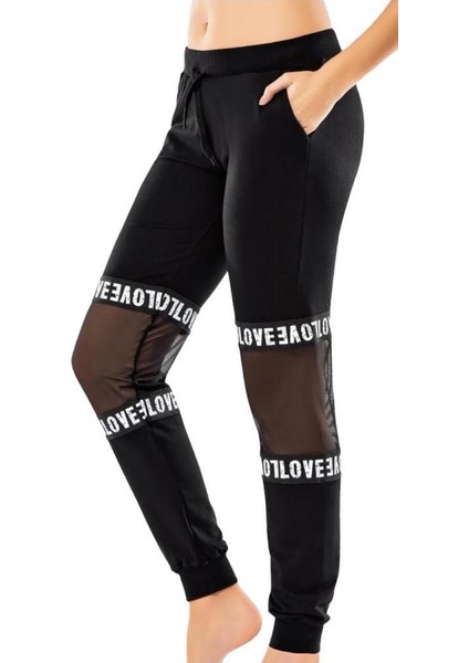 Derya Kurşun Transparan Detaylı Kadın Eşofman Altı DE08 Siyah S-M