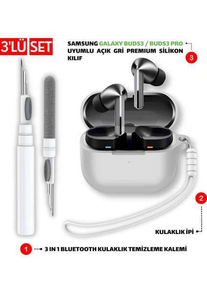 Samsung Galaxy Buds3 ve Galaxy Buds3 Pro Uyumlu Silikon Kılıf, Kulaklık Ipi ve Temizleme Kalemi Seti