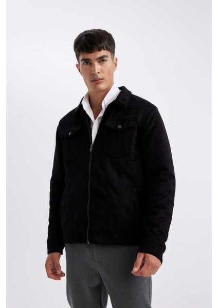 Slim Fit Dar Kesim Gömlek Yaka Fermuarlı Süet Ceket Mont A3254AX24AU