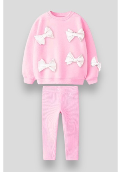 Kız Çocuk Pembe Fiyonklu Pamuklu Sweatshirt Tayt Alt-Üst Takım