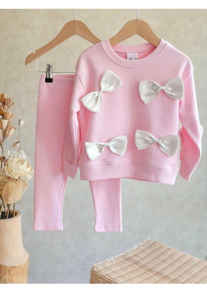 Kız Çocuk Pembe Fiyonklu Pamuklu Sweatshirt Tayt Alt-Üst Takım