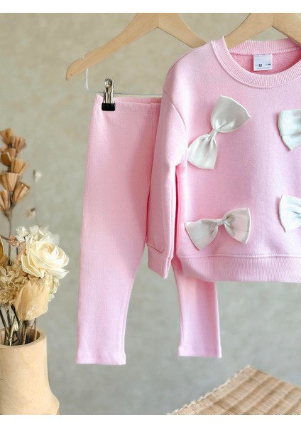 Kız Çocuk Pembe Fiyonklu Pamuklu Sweatshirt Tayt Alt-Üst Takım