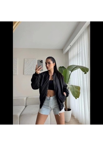 Unisex Içi Astarlı Düz Bomber Ceket - Siyah