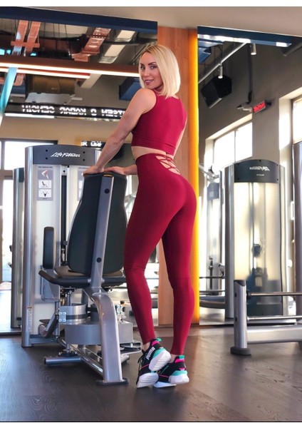 Bordo Beli Dekolte Tasarımlı Spor Tayt
