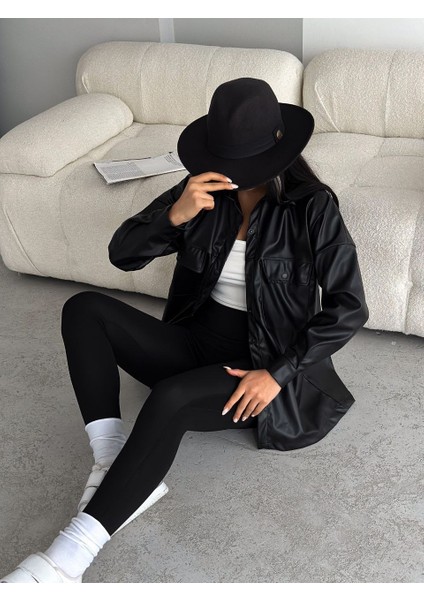 Kadın Siyah Deri Gömlek Oversize