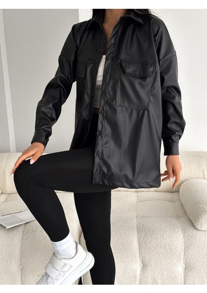Kadın Siyah Deri Gömlek Oversize modelleri