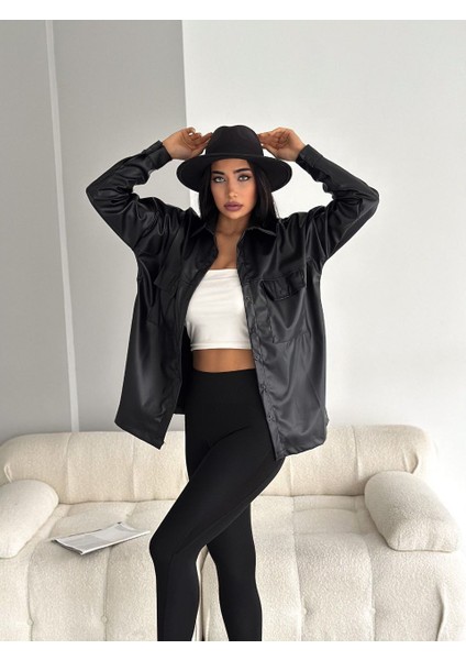 Kadın Siyah Deri Gömlek Oversize fırsatları