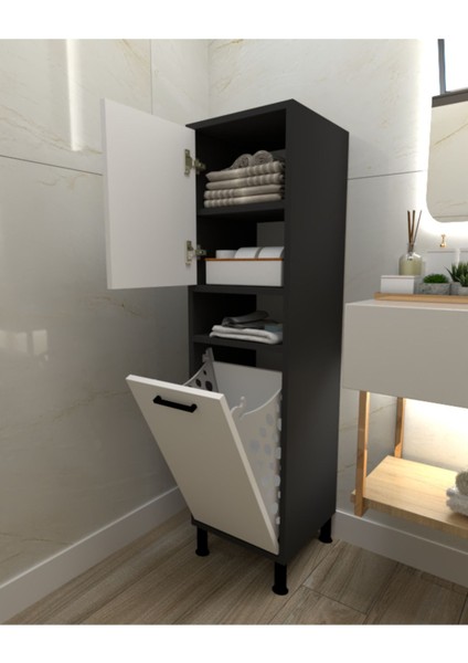 Albero Linda Kirli Sepetli Çok Amaçlı Banyo Dolabı Antrasit-Beyaz