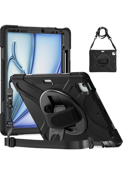 iPad Air 13 Inç M2 2024 Uyumlu Kılıf Kalem Yuvalı Şarj Bölmeli Askılı Standlı Zırh Tank Defender Kapak