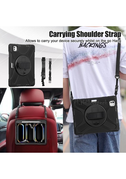 iPad Air 13 Inç M2 2024 Uyumlu Kılıf Kalem Yuvalı Şarj Bölmeli Askılı Standlı Zırh Tank Defender Kapak