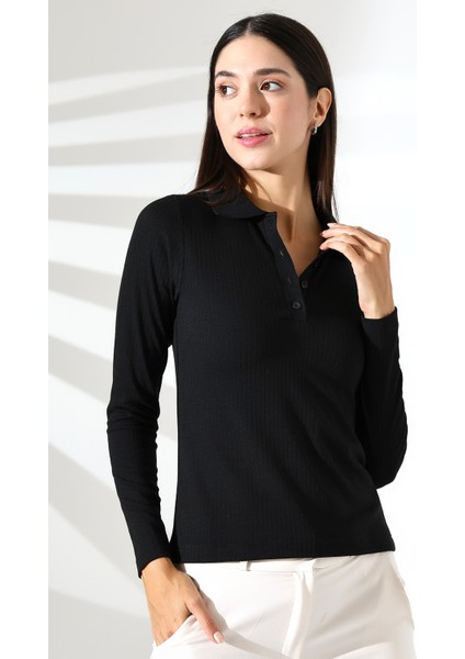 Kovin Kadın Siyah Thermal Yumuşak Dokulu Polo Yaka Düğmeli Uzun Kollu Kazak & Bluz & Top