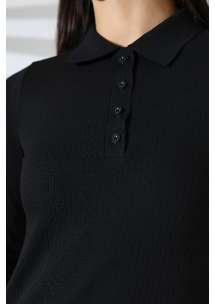 Kovin Kadın Siyah Thermal Yumuşak Dokulu Polo Yaka Düğmeli Uzun Kollu Kazak & Bluz & Top fırsatları