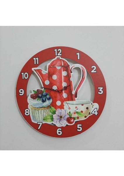 Kırmızı 40X40 cm Çaydanlık ve Fincanlı Mutfak Duvar Saati Kırmızı Renk Lazer Kesim Baskılı Modern 4
