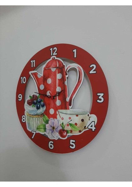 Kırmızı 40X40 cm Çaydanlık ve Fincanlı Mutfak Duvar Saati Kırmızı Renk Lazer Kesim Baskılı Modern 4