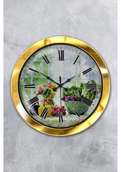 36 x 36 Hediyelik 36 cm Gold Metal Mutfak Duvar Saati Metal Altın