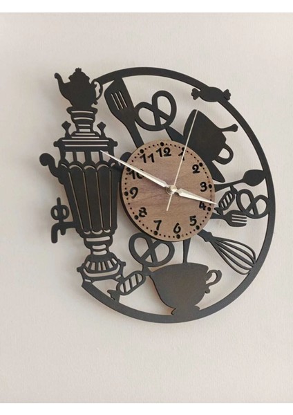 Siyah Shelife Mutfak Cafe Duvar Saat - 40X40 cm Geometrik 40 x 40 Pilli Ahşap Yuvarlak