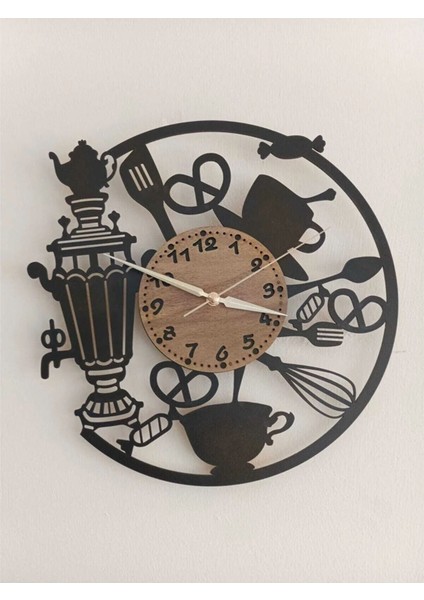 Siyah Shelife Mutfak Cafe Duvar Saat - 40X40 cm Geometrik 40 x 40 Pilli Ahşap Yuvarlak modelleri