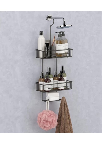 Duş Borusuna Asılabilir Kancalı Iki Katlı Banyo Raf Siyah BK-0068 fırsatları