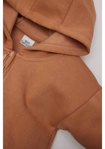 Kız Bebek Kapüşonlu Basic Düz İçi Yumuşak Tüylü Fermuarlı Sweatshirt D0750A524AU
