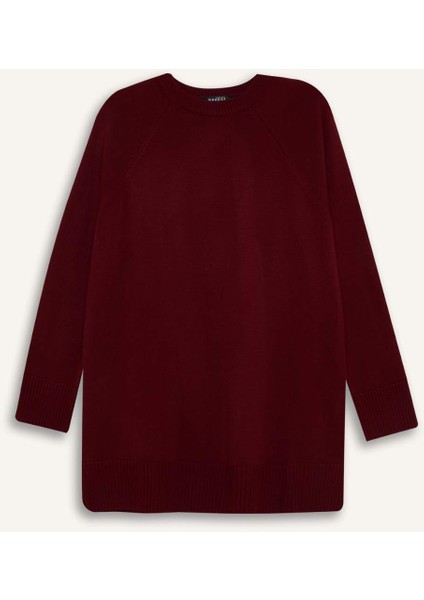 Regular Fit Bisiklet Yaka Basic Düz Triko Bordo Kazak Tunik C4474Ax24Au