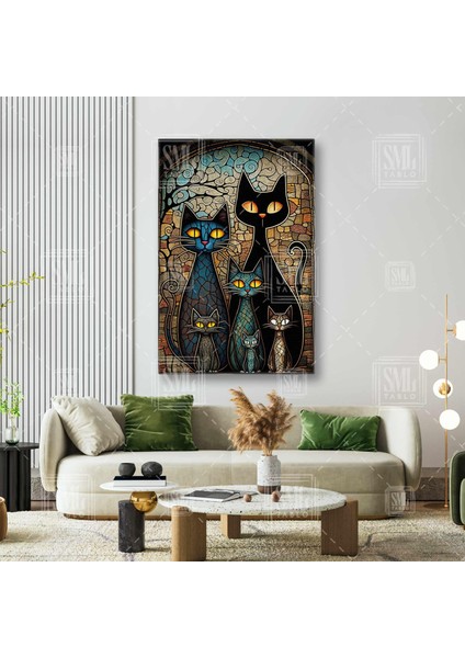 Sevimli Siyah Kedi Ailesi Mozaik Kediler Gold Detaylı Hayvan Dikey Kanvas Tablo