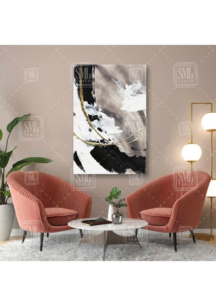 Soyut Gold Fırça Izleri Modern Dekoratif Altın ve Siyah Fırça Darbeleri Dikey Kanvas Tablo