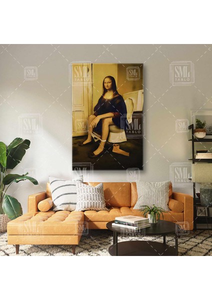 Monalisa Parodi Tuvalette Oturan Mona Lisa ve Klozet Cafe Restaurant Dikey Kanvas Tablo