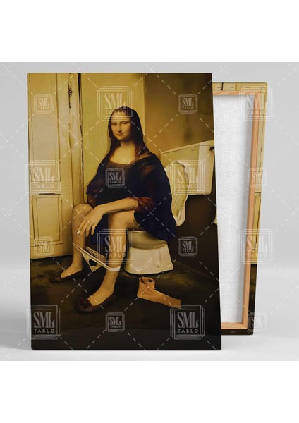 Monalisa Parodi Tuvalette Oturan Mona Lisa ve Klozet Cafe Restaurant Dikey Kanvas Tablo