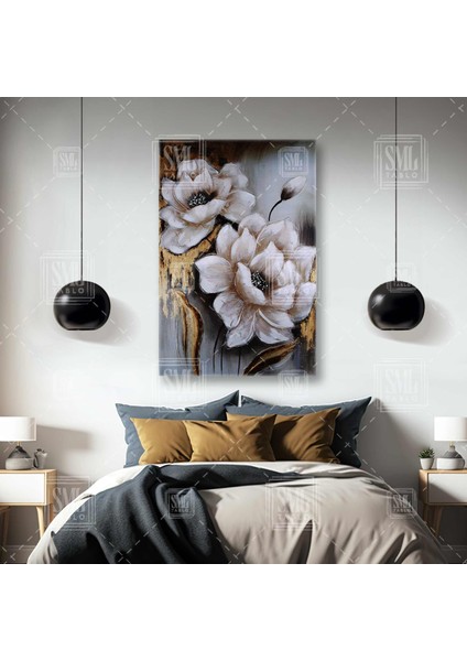 Gold Detaylı Beyaz Çiçek Altın Çizgi Abstract Soyut Şakayık Çiçeği Dikey Kanvas Tablo