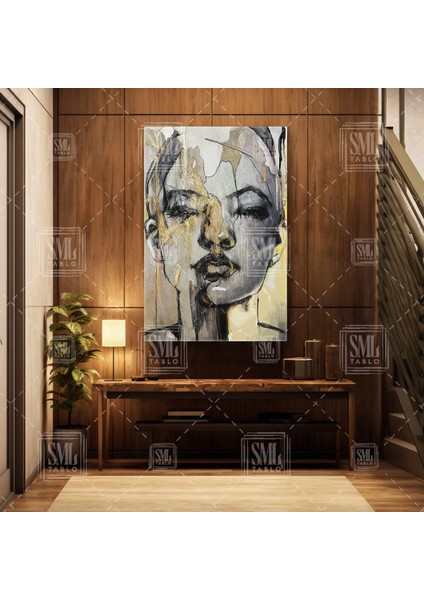 Karakalem Soyut Kadın Gold Altın Makyajlı Kız Siyah Beyaz Dekoratif Çizim Dikey Kanvas Tablo