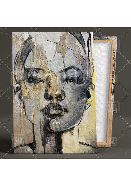 Karakalem Soyut Kadın Gold Altın Makyajlı Kız Siyah Beyaz Dekoratif Çizim Dikey Kanvas Tablo fiyatları