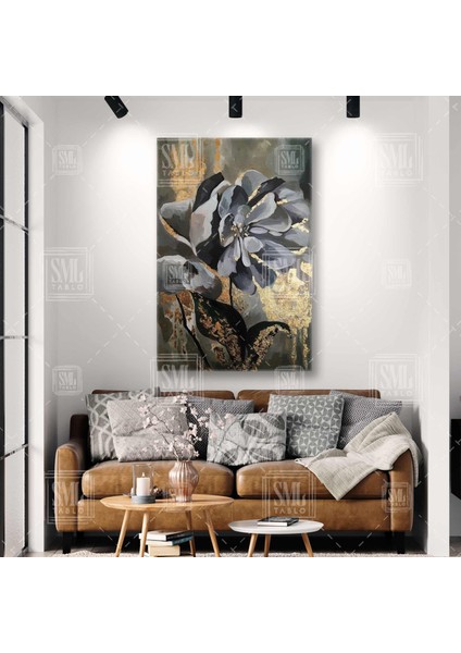 Soyut Gri Modern Çiçek Gümüş ve Altın Oturma Odası Salon Dikey Kanvas Tablo