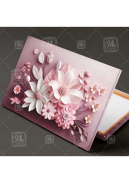 Beyaz Pembe Pastel ve Krem Beyaz Çiçekler Soyut Dekoratif Yatay Kanvas Tablo
