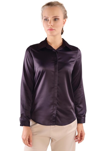 Siyah Gizli Düğmeli Saten Kadın Gömlek 4057A