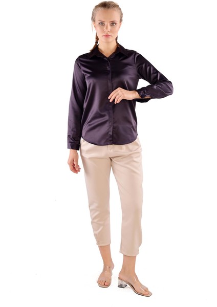 Siyah Gizli Düğmeli Saten Kadın Gömlek 4057A fiyatları