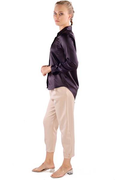 Siyah Gizli Düğmeli Saten Kadın Gömlek 4057A modelleri