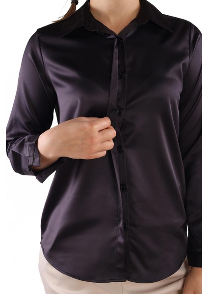 Siyah Gizli Düğmeli Saten Kadın Gömlek 4057A fırsatları