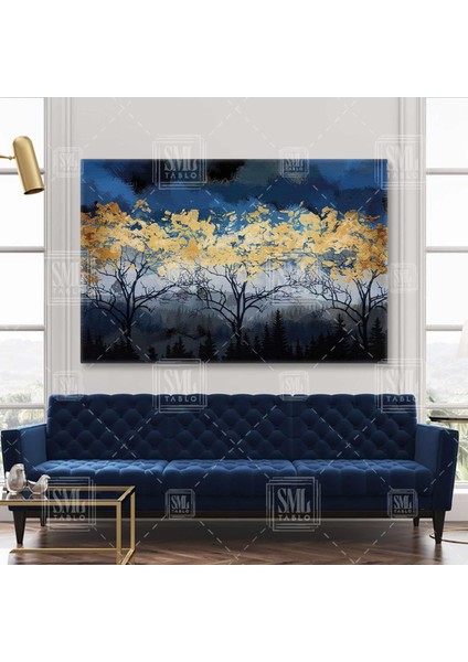 Gece Gold Orman ve Altın Yapraklı Ağaçlar Gökyüzü Yatay Kanvas Tablo