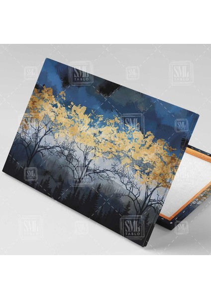Gece Gold Orman ve Altın Yapraklı Ağaçlar Gökyüzü Yatay Kanvas Tablo fiyatları