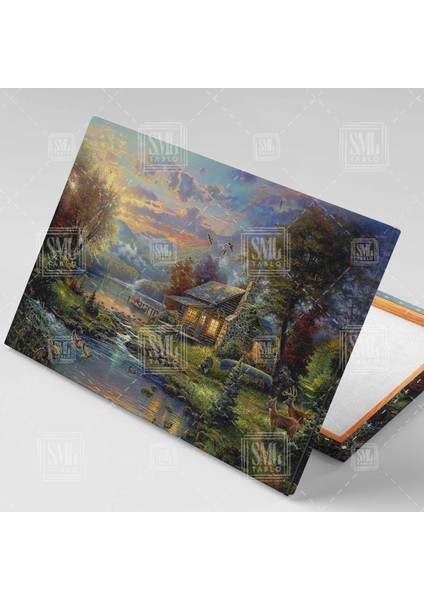 Köy Doğa Dağ ve Manzara Nehir Göl Kenarında Geyik Yatay Kanvas Tablo fiyatları