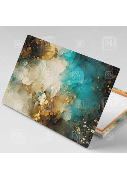 Altın ve Deniz Mavisi Çiçekler Soyut Dekoratif Abstract Turkuaz Yatay Kanvas Tablo