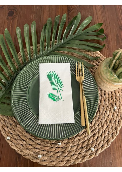 Yeşil Yaldızlı Beyaz Palmiye Peçete 16 Lı