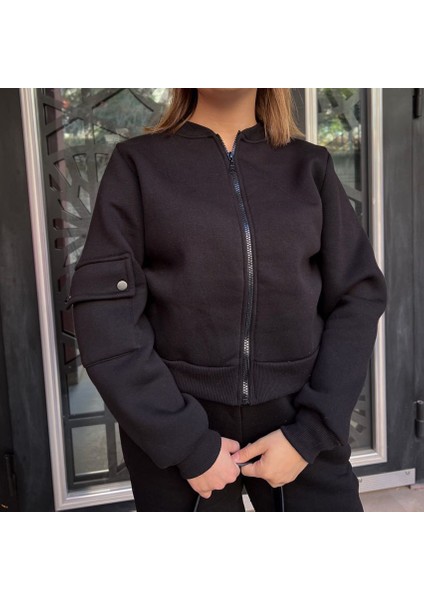 Şardonlu Kolu Cepli Siyah Swetshirt Hırka