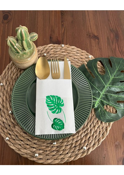 Yeşil Yaldızlı Beyaz Cepli Deve Tabanı Peçete 12 Adet 40X40