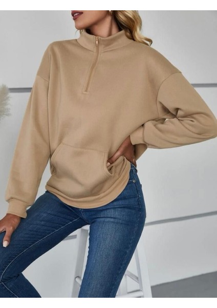 Unisex Içi Polarlı Fermuar Detay Sweatshirt - Bej